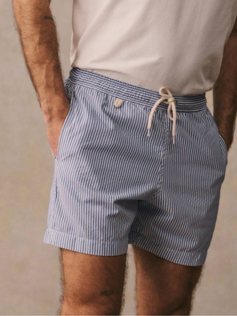 Rob Striped Blue and White Drawstring Swim Shorts